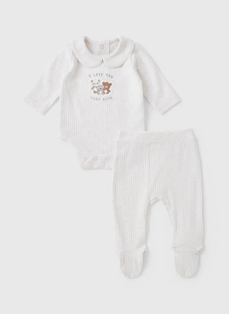 ماتلان 2 Piece Baby Grey Bear Ribbed Top & Legging Set